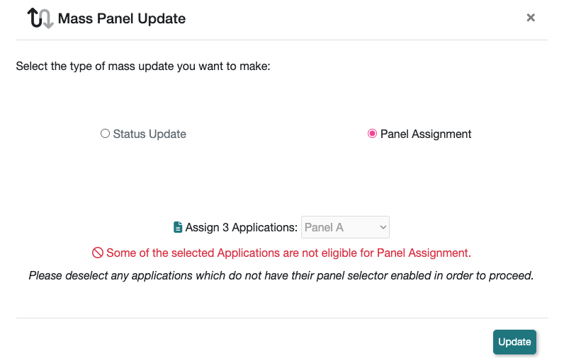 Screenshot showing what a failure looks like when an invalid application is attempted to be assigned a panel.